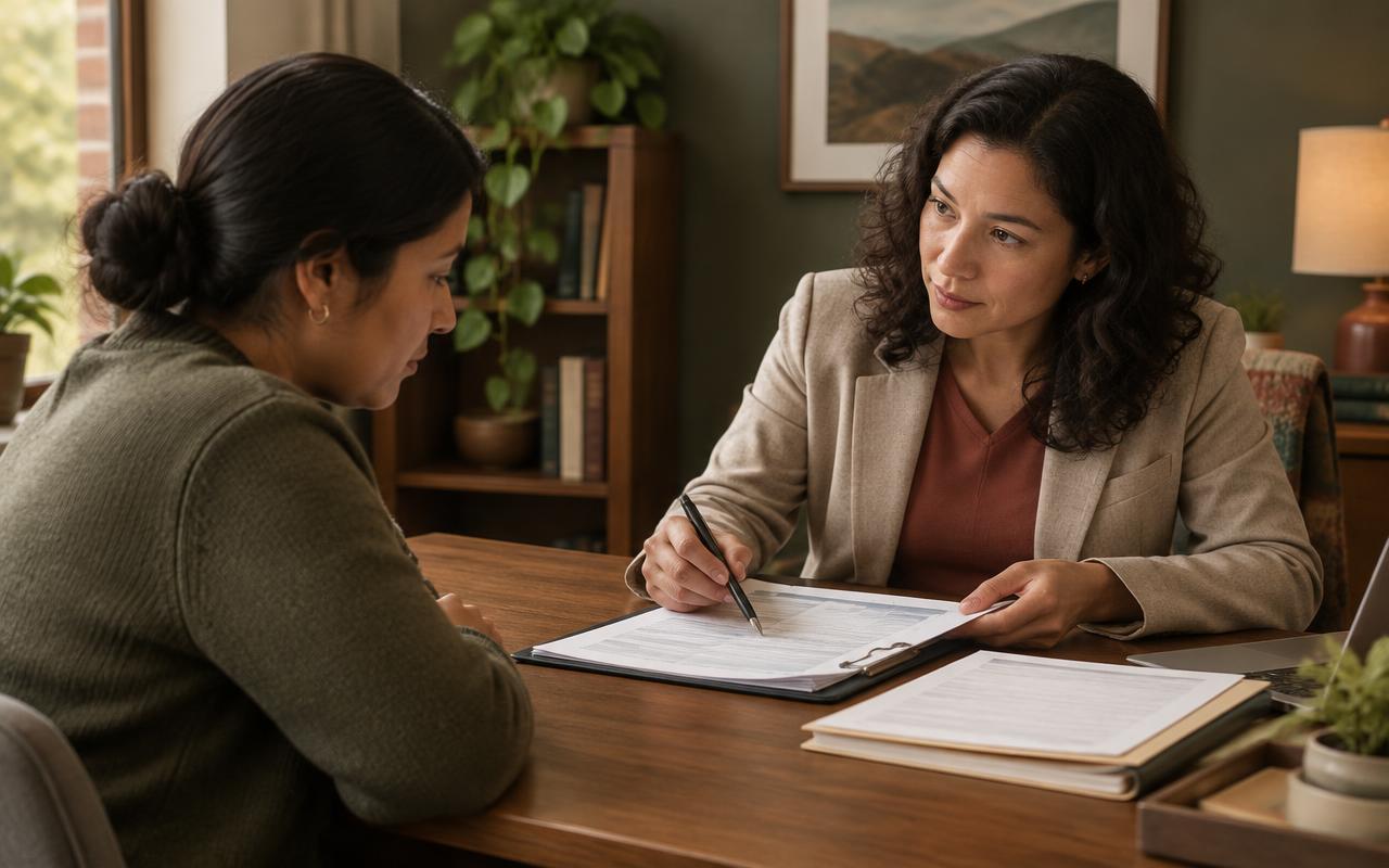 Solicitante revisa documentos migratorios con una profesional