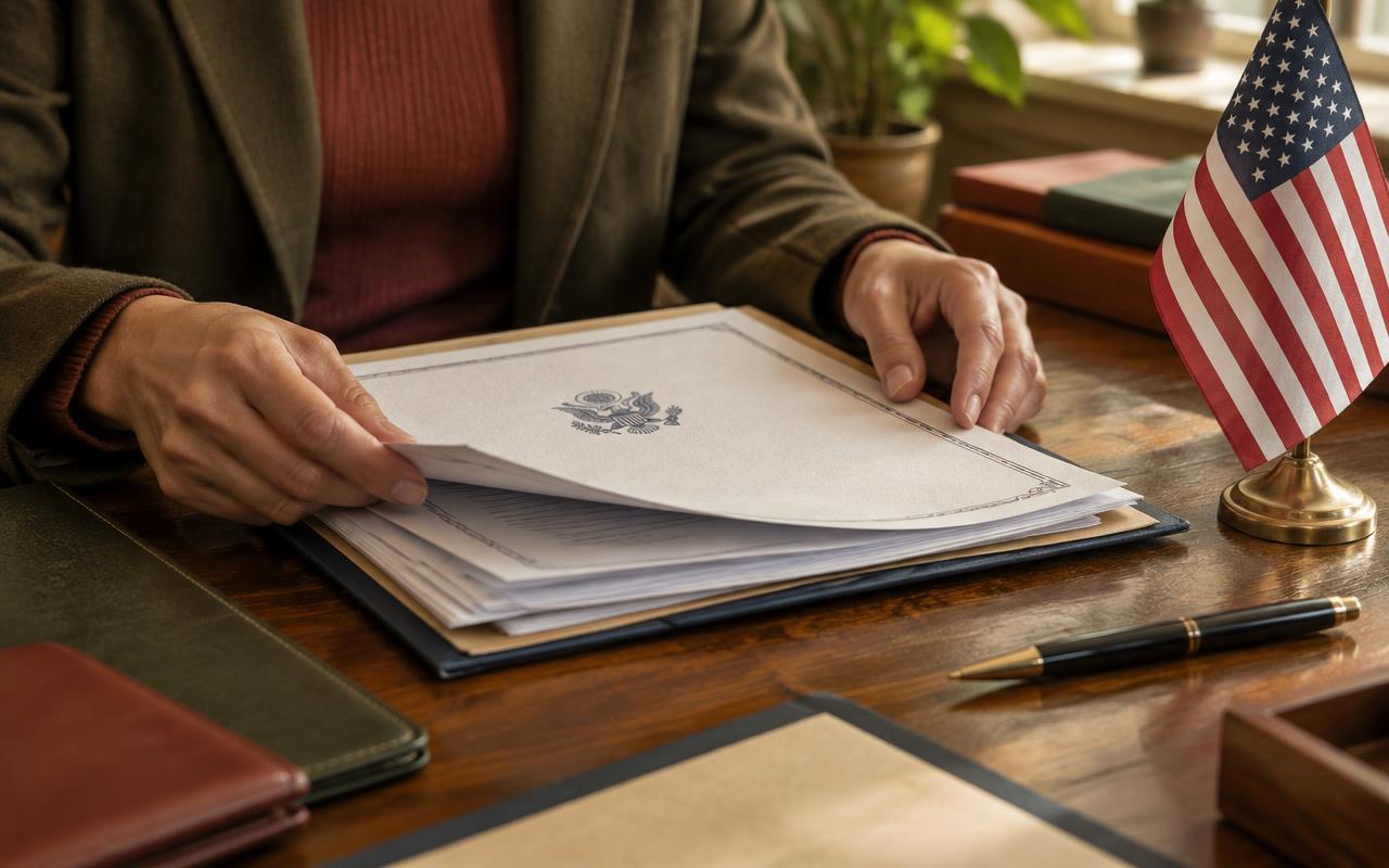Documentos de ciudadanía estadounidense organizados sobre un escritorio