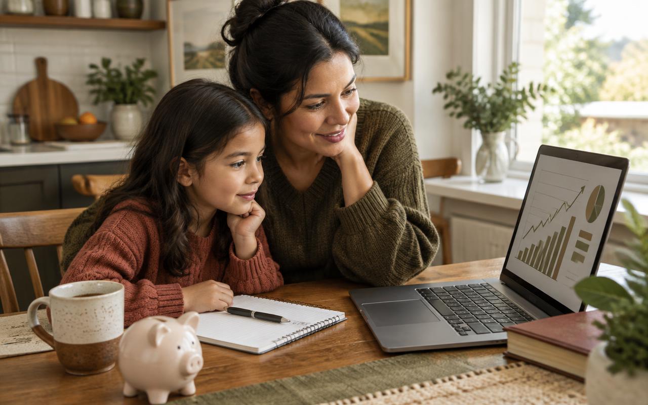 Madre e hija revisan una cuenta de ahorro e inversión